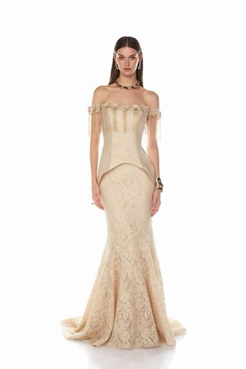 Beige Boat Neck Off Shoulder Tassel Evening Dress